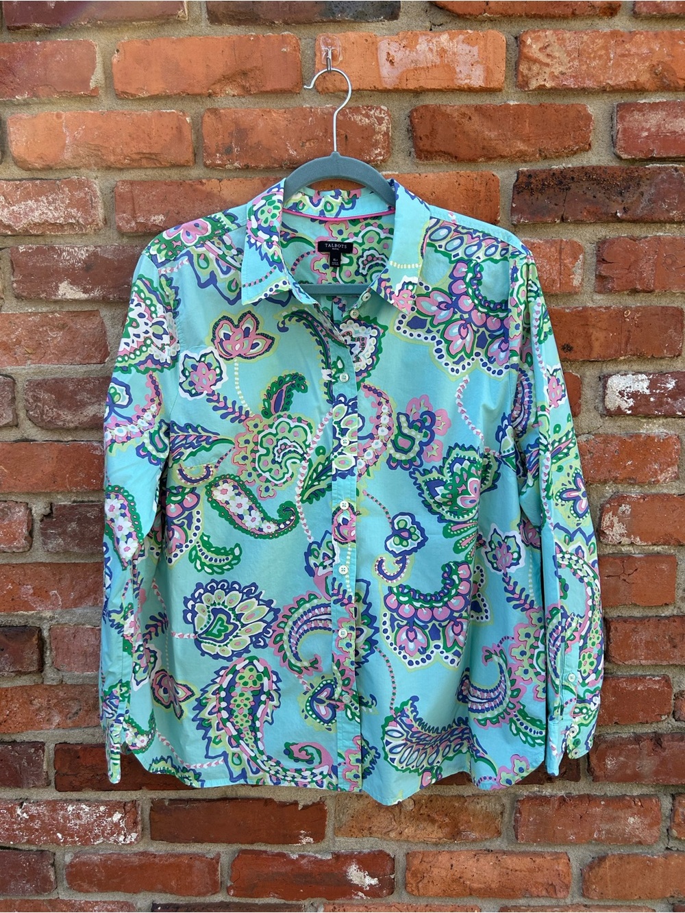 Talbots Teal Blue Paisley Button-Down Shirt 100% Cotton XLP Long Sleeve
